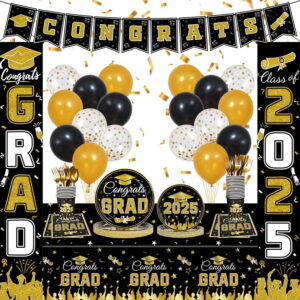 Graduation Decorations Class of 2025 – Black & Gold Disposable Party Supplies for 24 Guests, Includes Plates, Cups, Napkins, Balloons & Banners