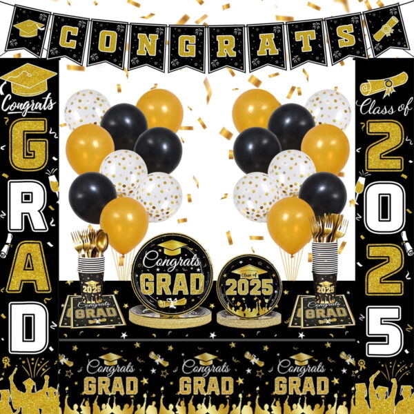 Graduation Decorations Class of 2025 – Black & Gold Disposable Party Supplies for 24
