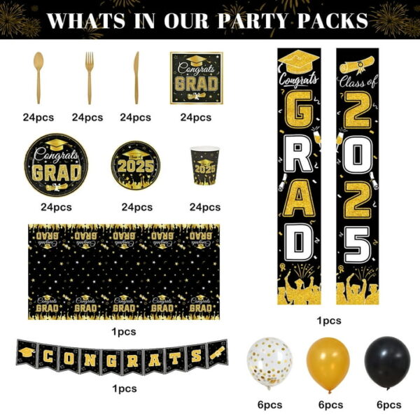 Graduation Decorations Class of 2025 – Black & Gold Disposable Party Supplies for 24 - Image 3