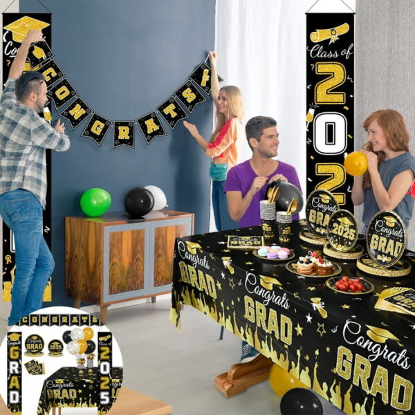 Graduation Decorations Class of 2025 – Black & Gold Disposable Party Supplies for 24 - Image 2