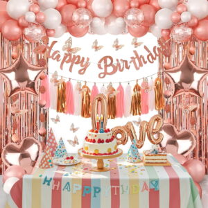 Happy Birthday Love Balloons, Rose Gold Latex Celebrate Party Supply Kit for Woman Girl